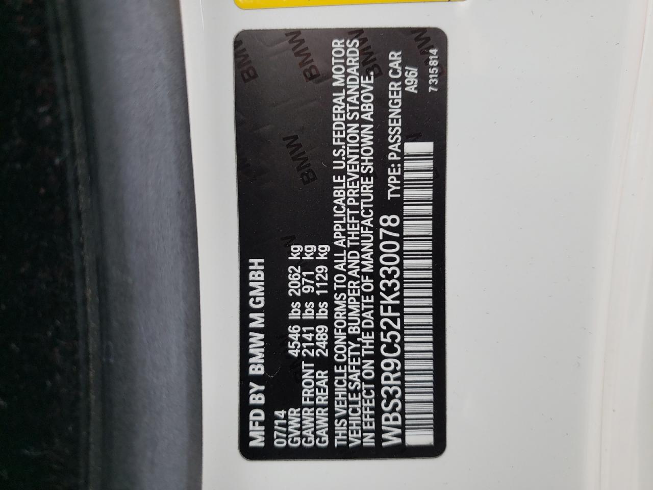 2015 BMW M4 VIN WBS3R9C52FK330078 Copart auction photo, front end / side damage thumbnail 14