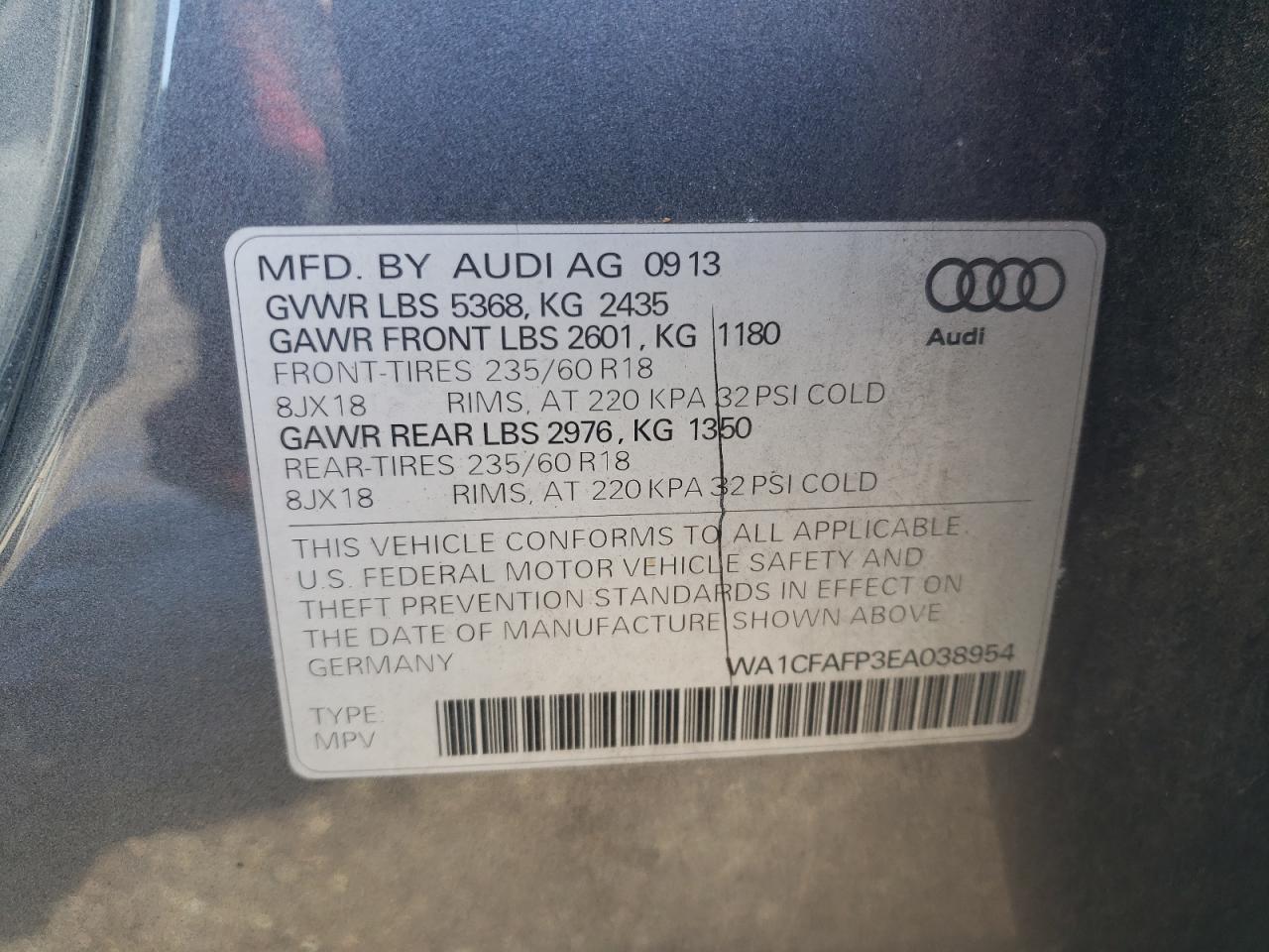 2014 Audi Q5 VIN WA1CFAFP3EA038954 Copart auction photo, mechanical damage thumbnail 14