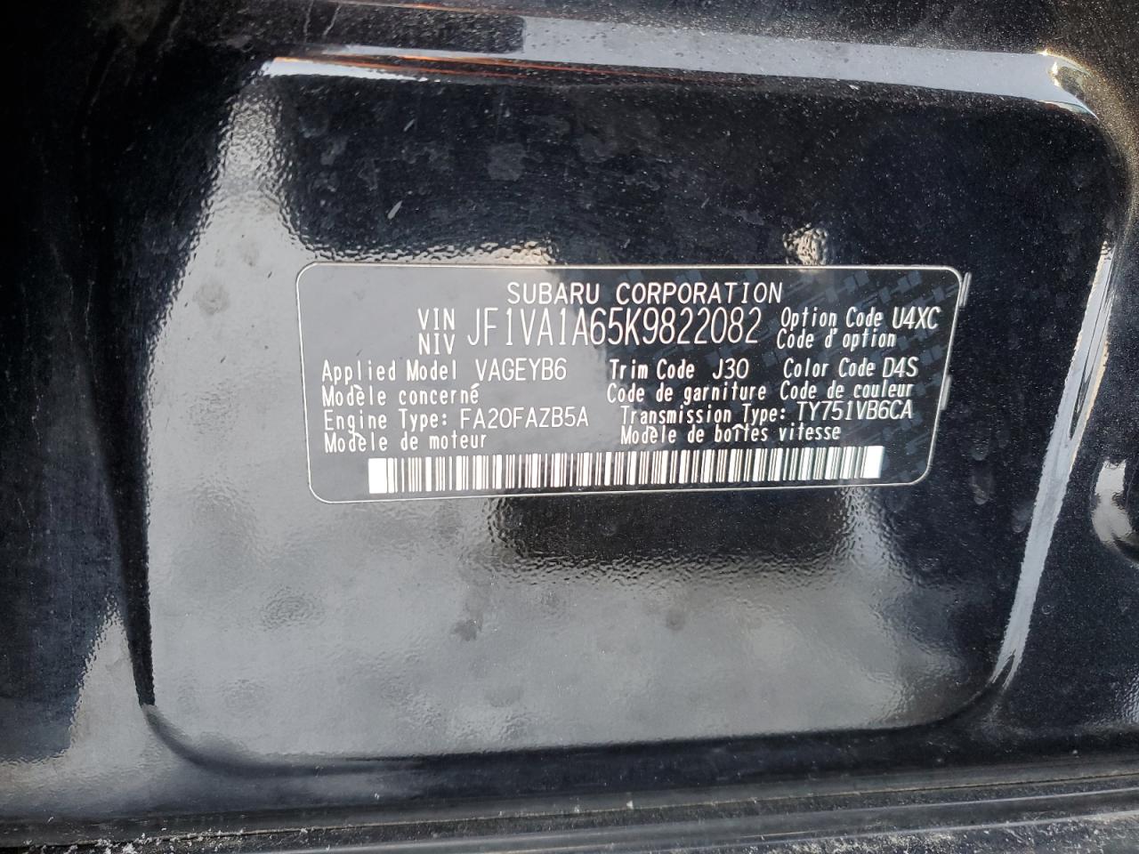 2019 Subaru WRX VIN JF1VA1A65K9822082 Copart auction photo, side / rear end damage thumbnail 12