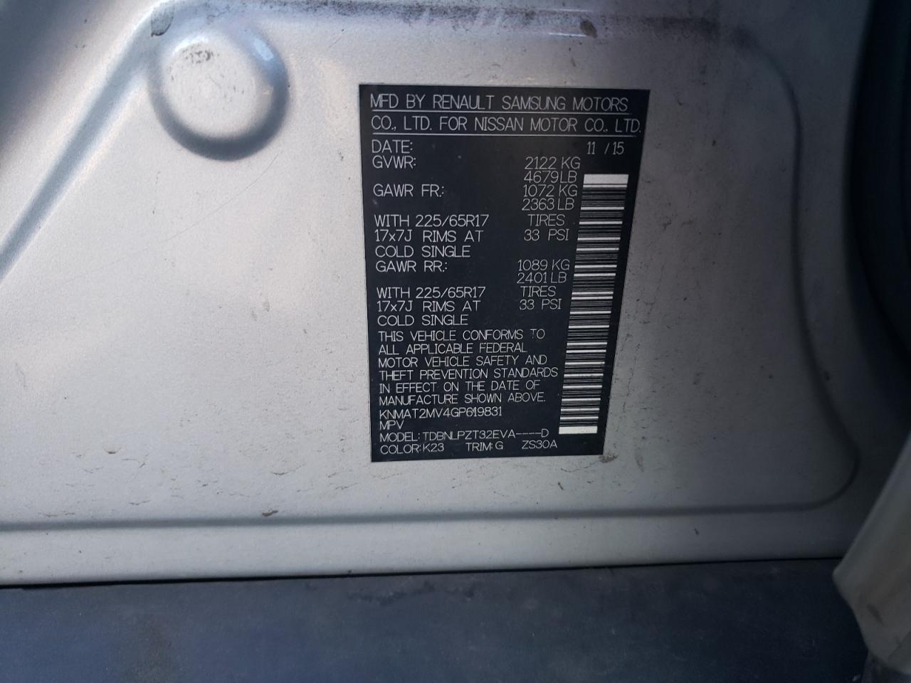 2016 Nissan Rogue VIN KNMAT2MV4GP619831 Copart auction photo, rear end damage thumbnail 14