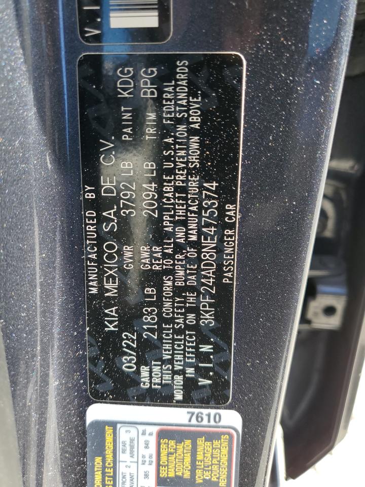 2022 KIA Forte VIN 3KPF24AD8NE475374 Copart auction photo, front end / minor dent/scratches damage thumbnail 12