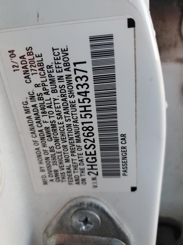 2005 Honda Civic VIN 2HGES26815H543371 Copart auction photo, front end damage thumbnail 10