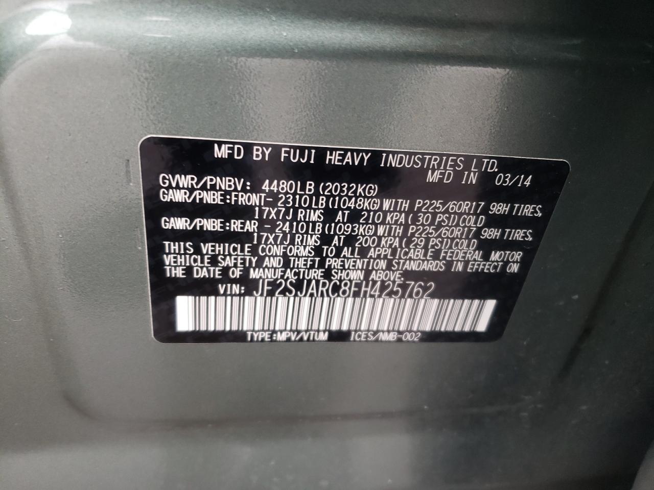 2015 Subaru Forester VIN JF2SJARC8FH425762 Copart auction photo, front end / rear end damage thumbnail 14