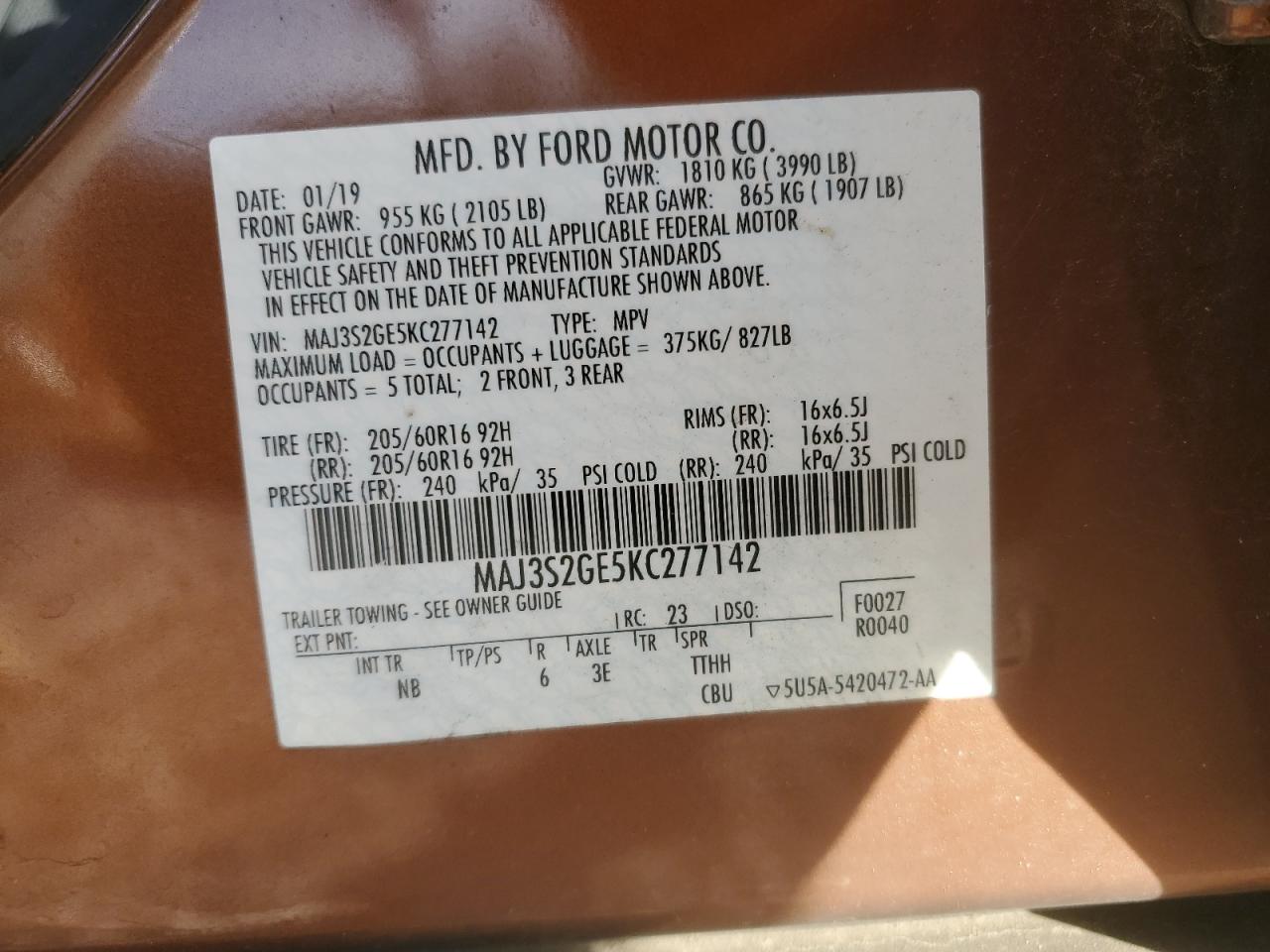 2019 Ford EcoSport VIN MAJ3S2GE5KC277142 Copart auction photo, frame damage / all over damage thumbnail 13