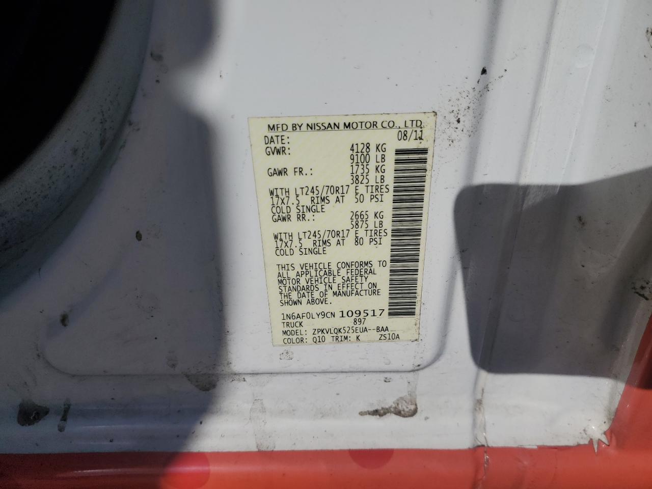 2012 Nissan Quest VIN 1N6AF0LY9CN109517 Copart auction photo, front end damage thumbnail 13