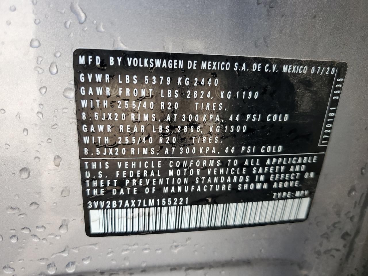 2020 Volkswagen Tiguan VIN 3VV2B7AX7LM155221 Copart auction photo, rear end / side damage thumbnail 12