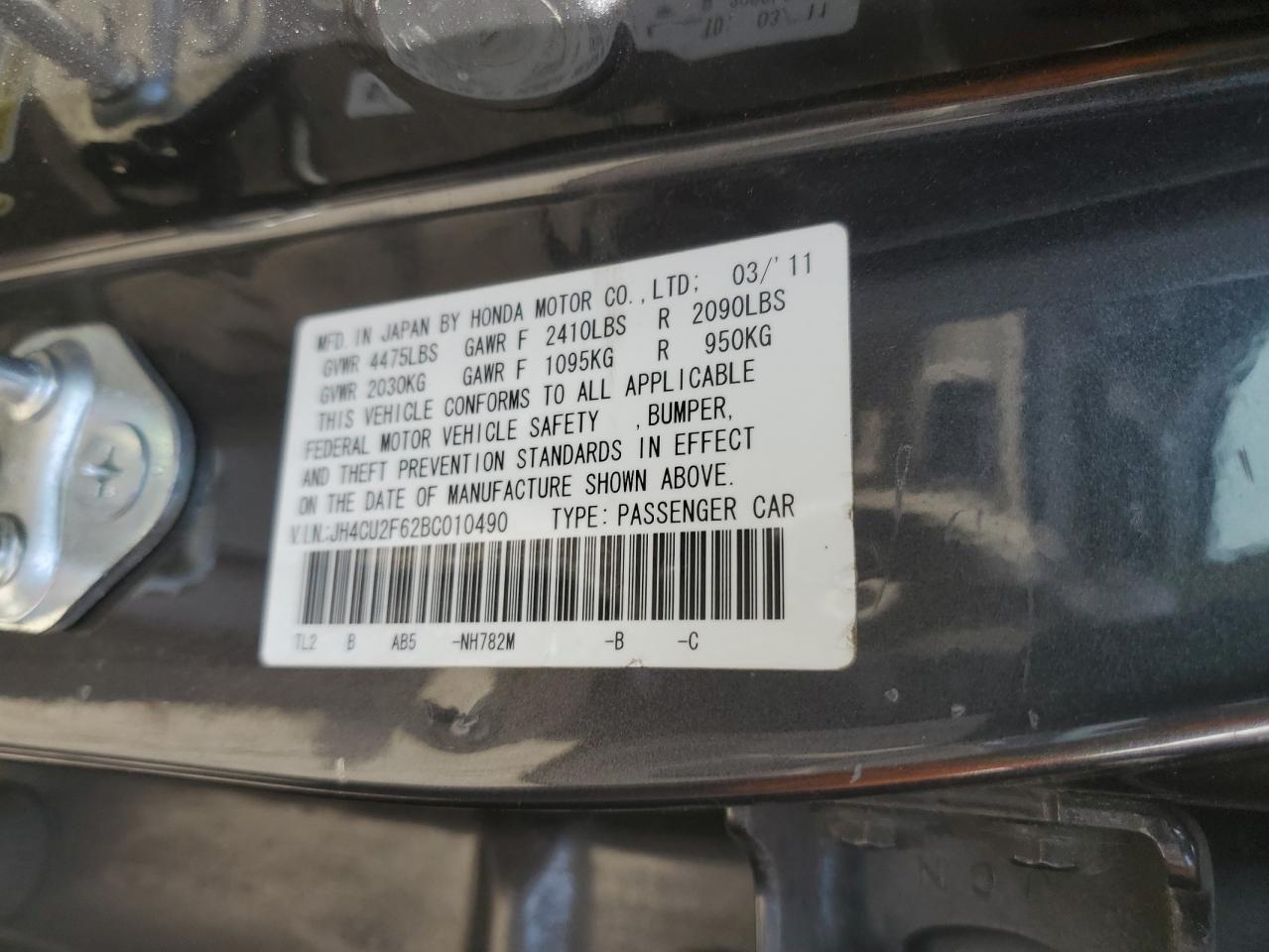 2011 Acura TSX VIN JH4CU2F62BC010490 Copart auction photo, front end / rear end damage thumbnail 13