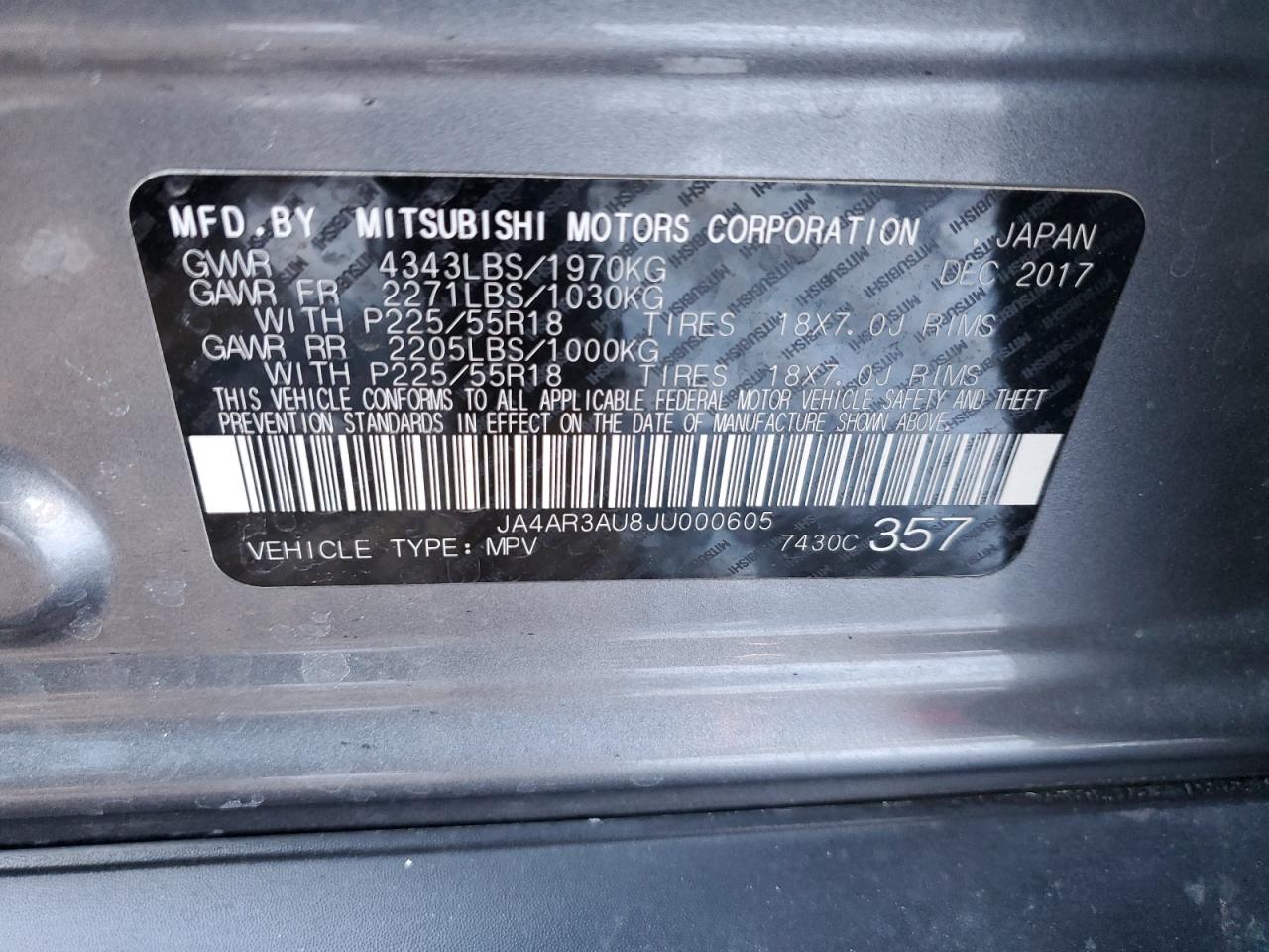 2018 Mitsubishi Outlander VIN JA4AR3AU8JU000605 Copart auction photo, rear end damage thumbnail 13