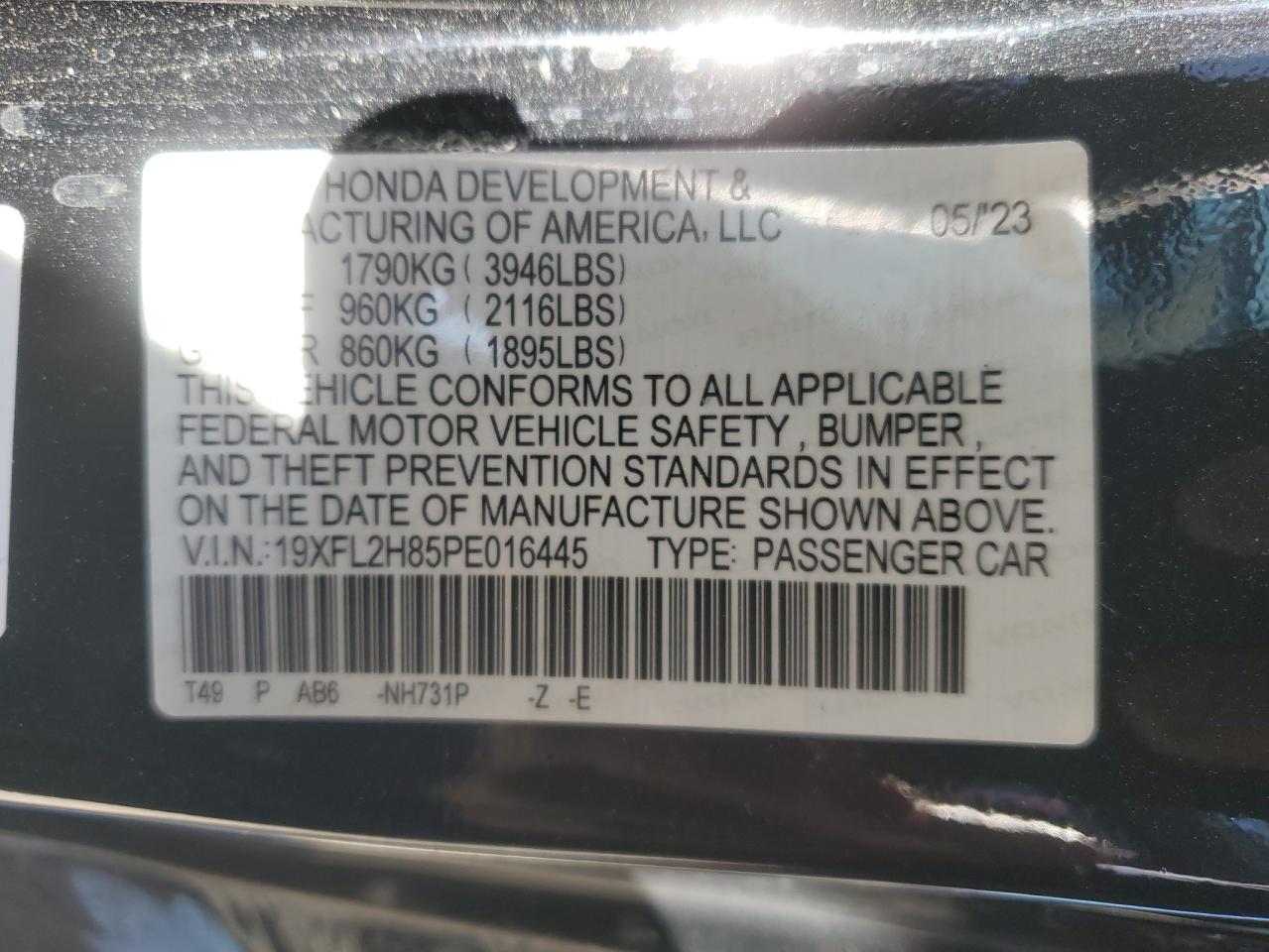 2023 Honda Civic VIN 19XFL2H85PE016445 Copart auction photo, all over damage thumbnail 15