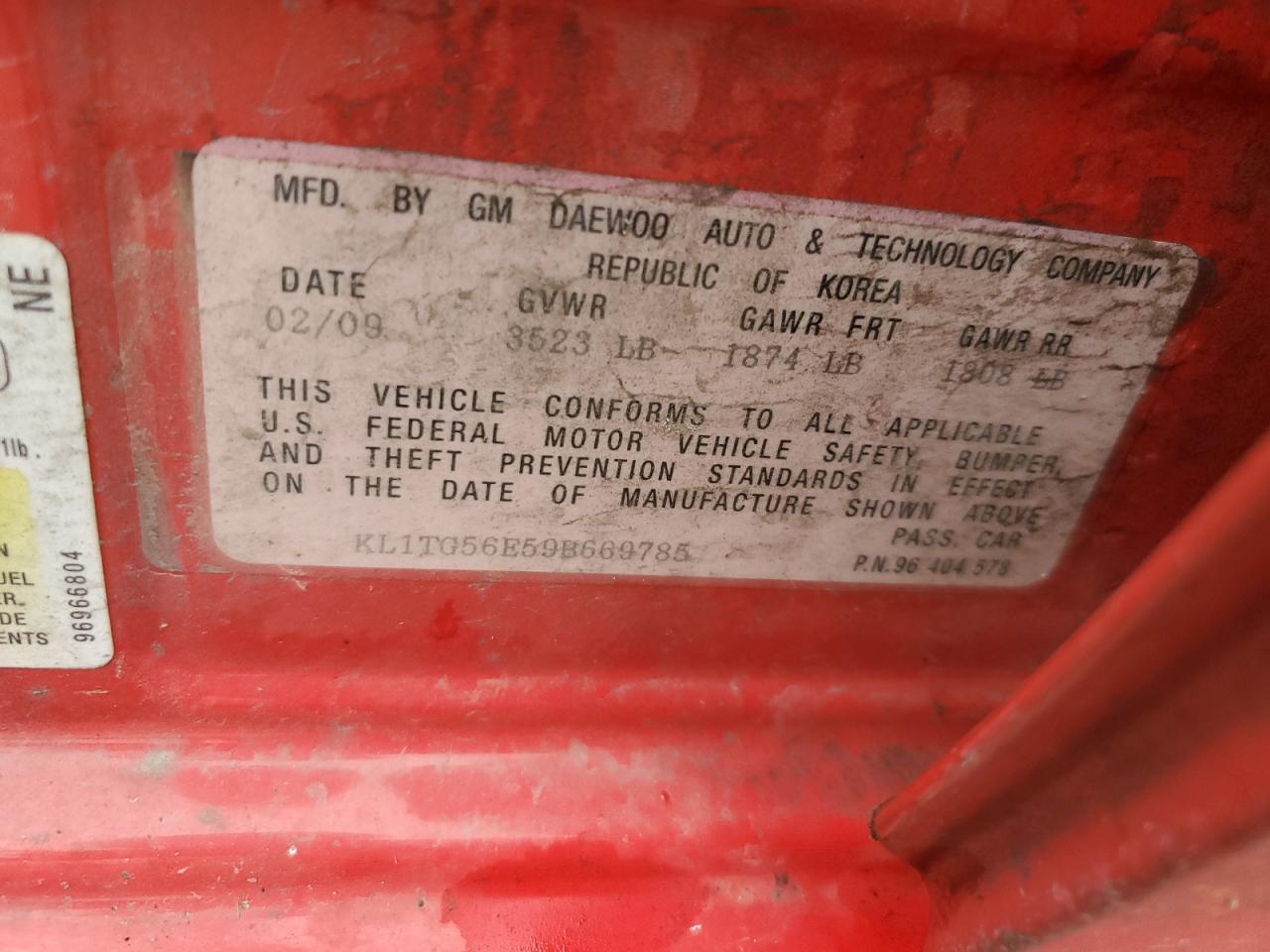 2009 Chevrolet Aveo VIN KL1TG56E59B669785 Copart auction photo, front end / side damage thumbnail 12