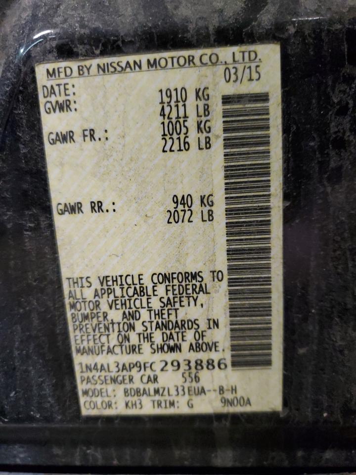 2015 Nissan Altima VIN 1N4AL3AP9FC293886 Copart auction photo, front end / side damage thumbnail 14