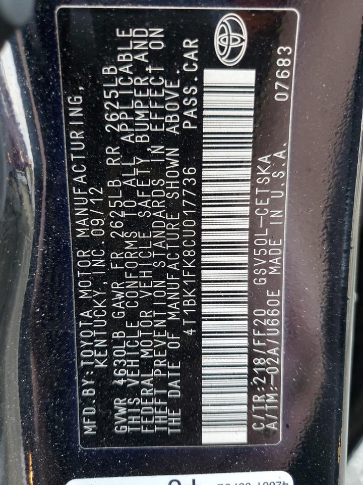2012 Toyota Camry VIN 4T1BK1FK8CU017736 Copart auction photo, front end damage thumbnail 12