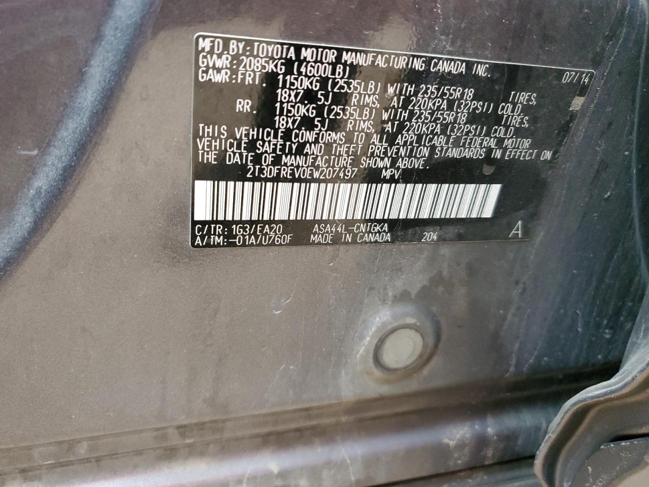 2014 Toyota RAV 4 VIN 2T3DFREV0EW207497 Copart auction photo, rear end damage thumbnail 13