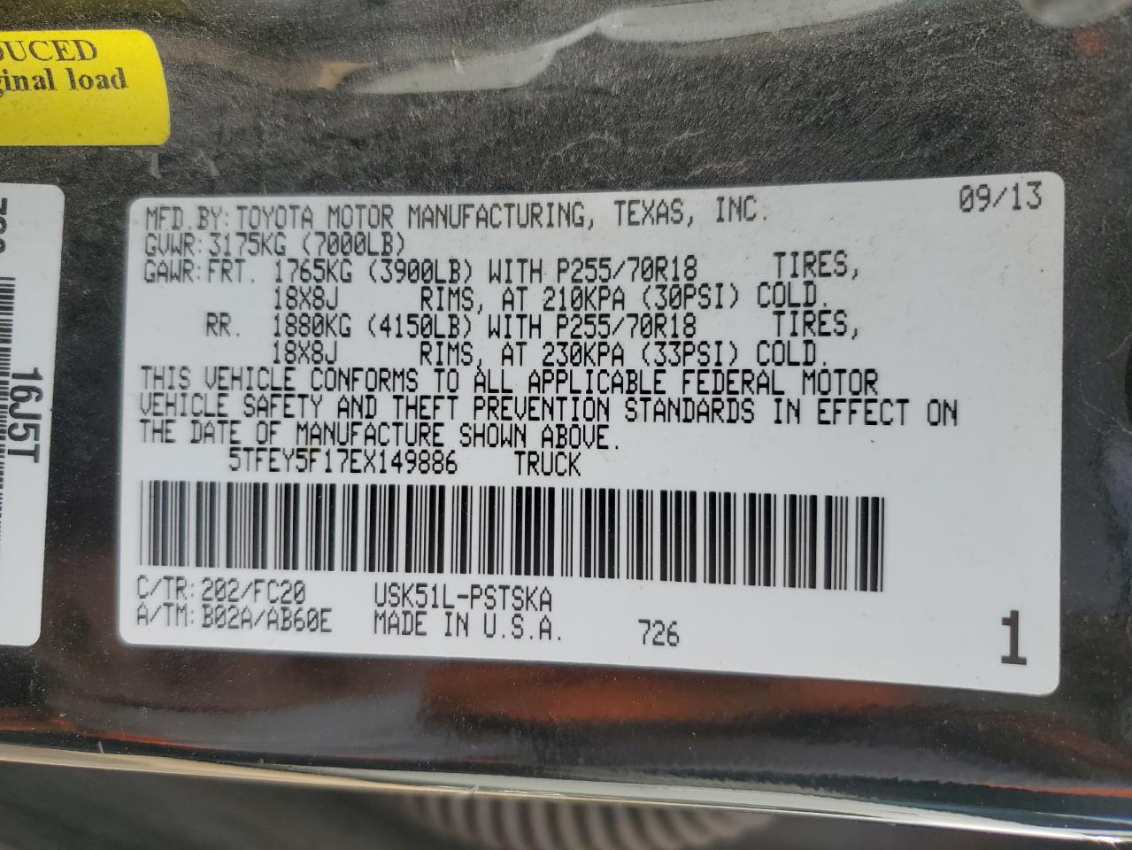 2014 Toyota Tundra VIN 5TFEY5F17EX149886 Copart auction photo, side / front end damage thumbnail 12