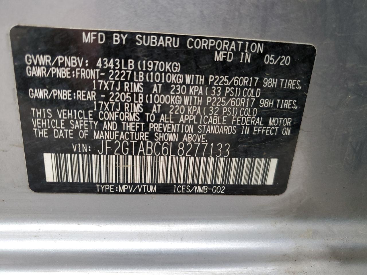 2020 Subaru XV VIN JF2GTABC6L8277133 Copart auction photo, rear end / side damage thumbnail 14