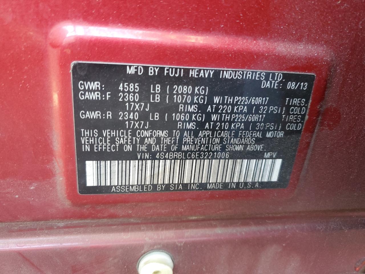 2014 Subaru Outback VIN 4S4BRBLC6E3221006 Copart auction photo, front end damage thumbnail 13