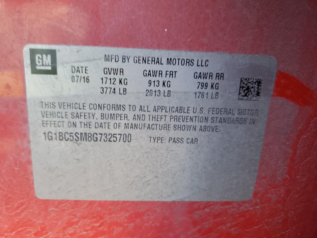 2016 Chevrolet Cruze VIN 1G1BC5SM8G7325700 Copart auction photo, front end / side damage thumbnail 14