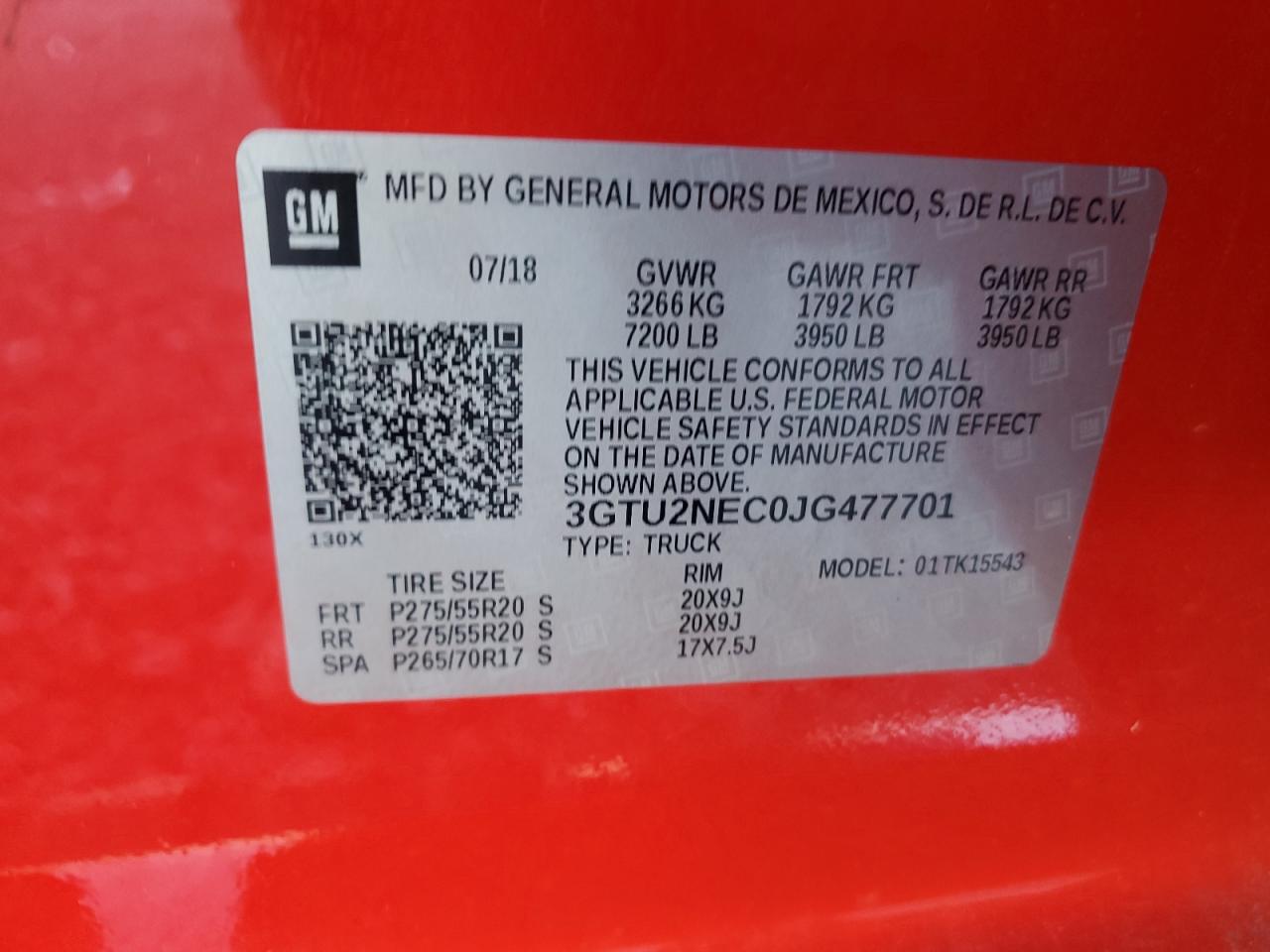 2018 GMC Sierra VIN 3GTU2NEC0JG477701 Copart auction photo, rear end damage thumbnail 12
