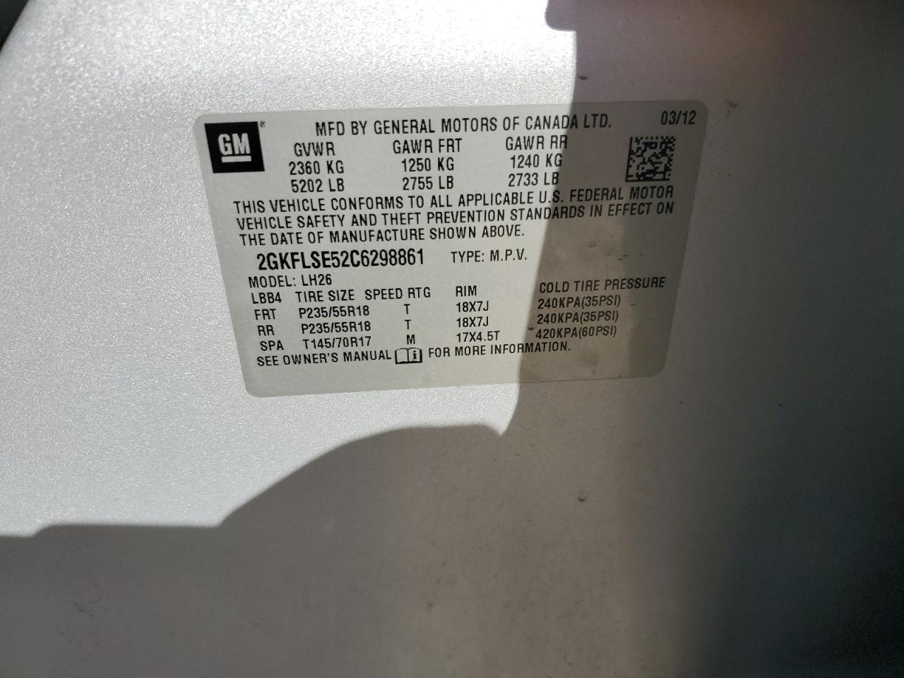 2012 GMC Terrain VIN 2GKFLSE52C6298861 Copart auction photo, front end damage thumbnail 15