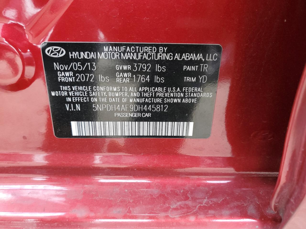 2013 Hyundai Elantra VIN 5NPDH4AE9DH445812 Copart auction photo, rear end damage thumbnail 12