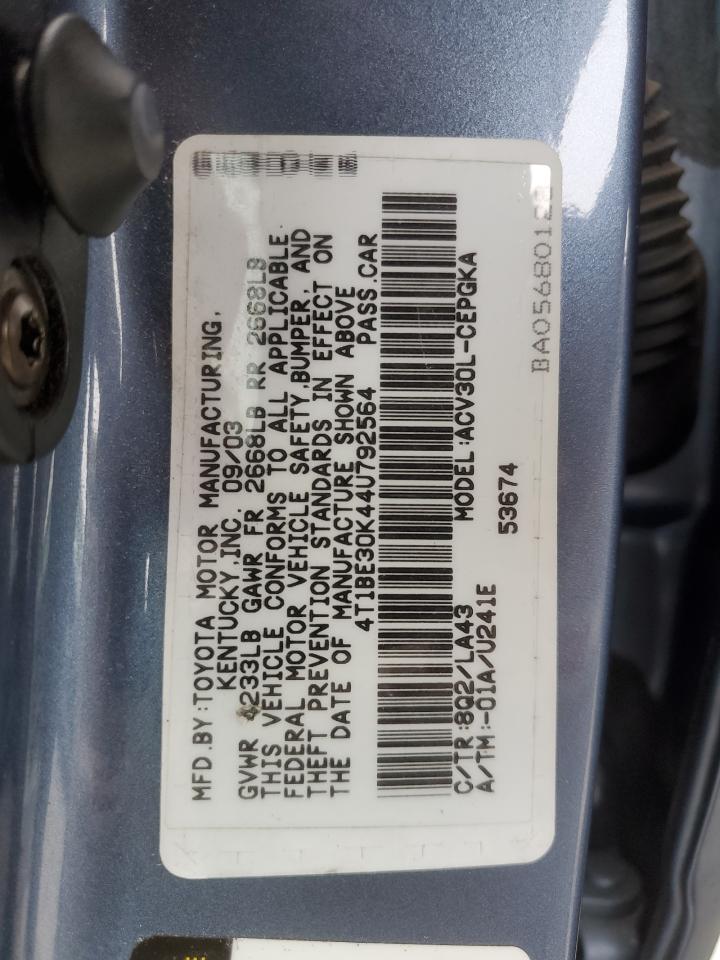 2004 Toyota Camry VIN 4T1BE30K44U792564 Copart auction photo, side damage thumbnail 14