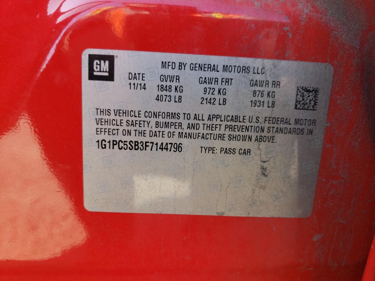 2015 Chevrolet Cruze VIN 1G1PC5SB3F7144796 Copart auction photo, all over damage thumbnail 14