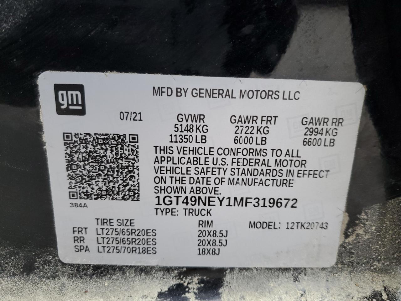 2021 GMC Sierra VIN 1GT49NEY1MF319672 Copart auction photo, front end / burn - engine damage thumbnail 12