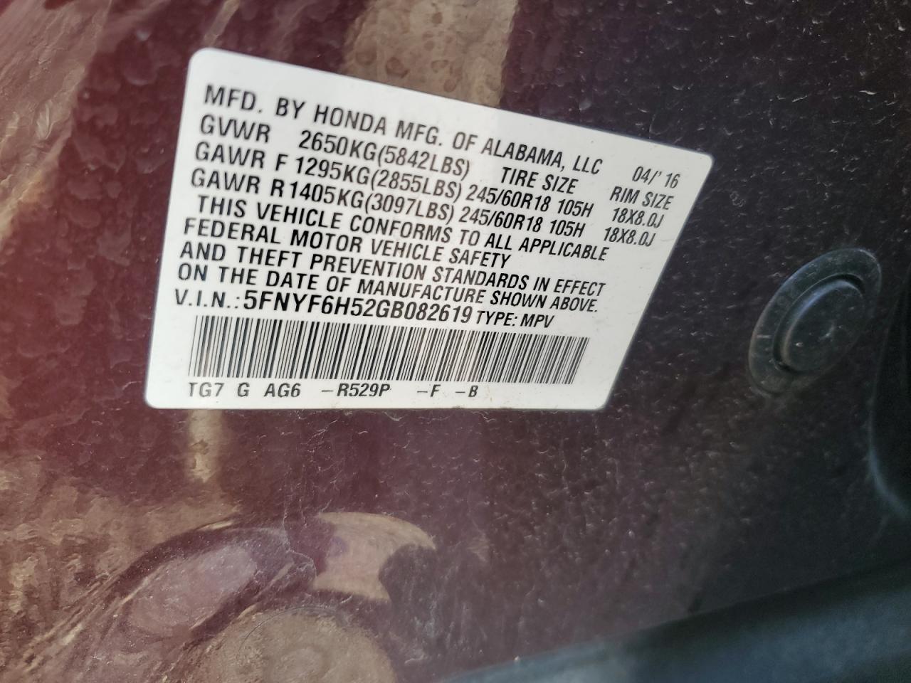 2016 Honda Pilot VIN 5FNYF6H52GB082619 Copart auction photo, front end / mechanical damage thumbnail 15