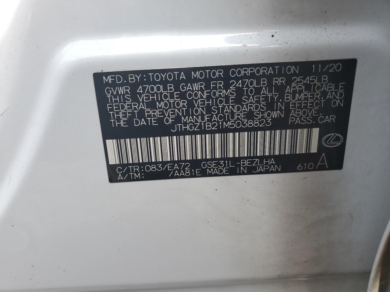 2021 Lexus IS VIN JTHGZ1B21M5038823 Copart auction photo, burn damage thumbnail 12