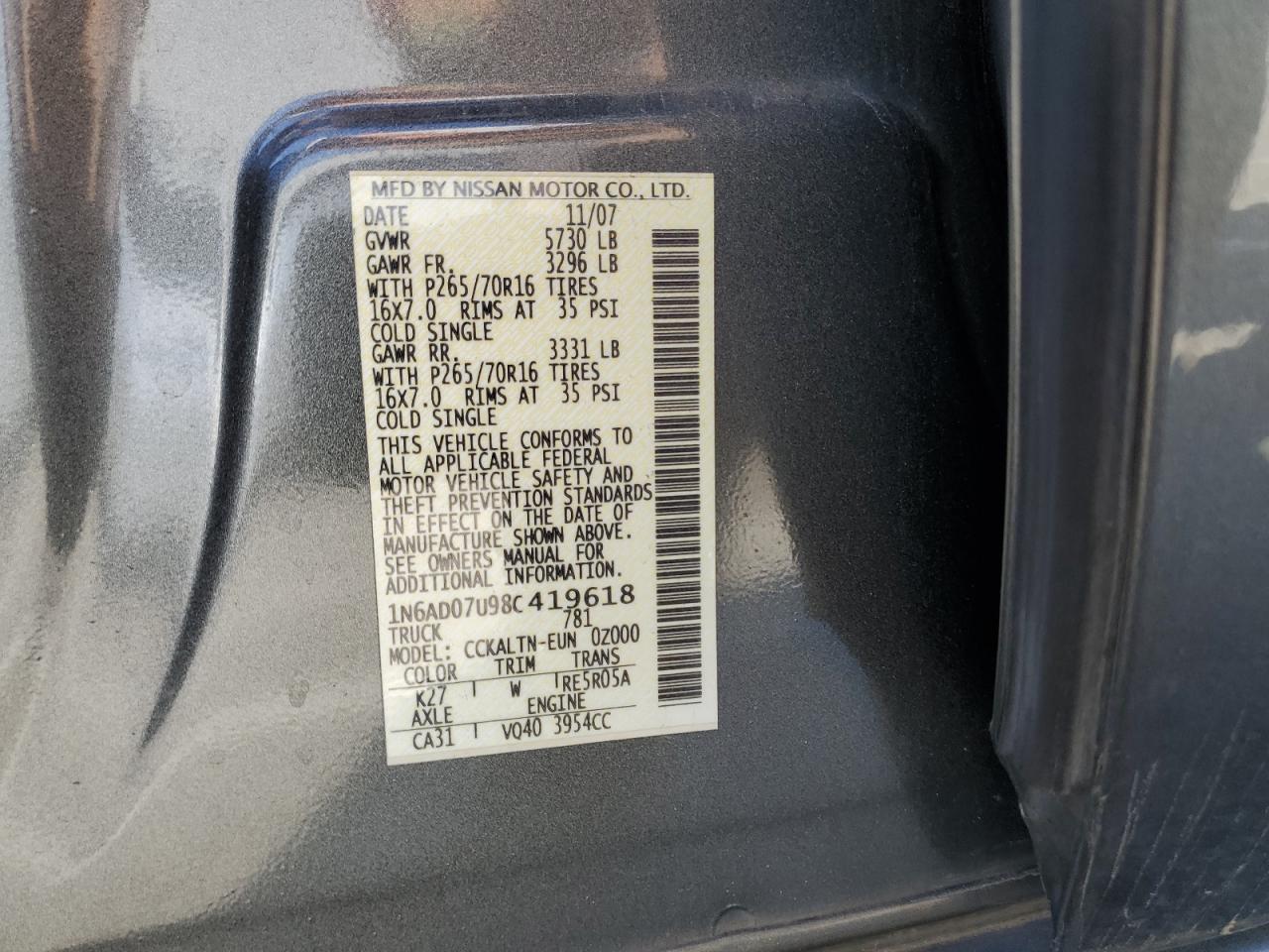 2008 Nissan Navara (Frontier) VIN 1N6AD07U98C419618 Copart auction photo, front end damage thumbnail 12