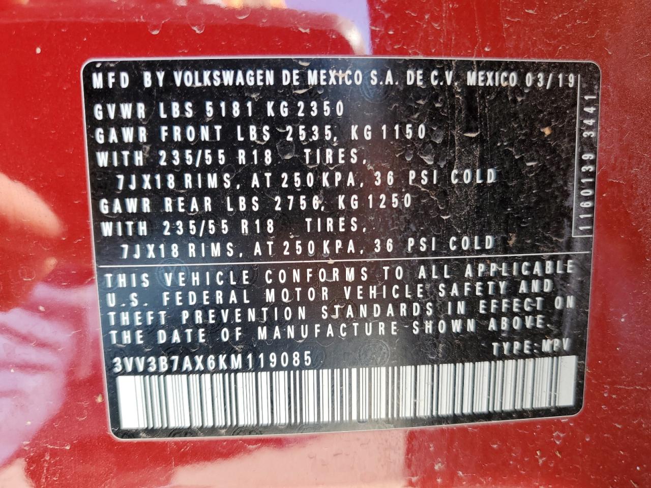 2019 Volkswagen Tiguan VIN 3VV3B7AX6KM119085 Copart auction photo, unknown damage thumbnail 14