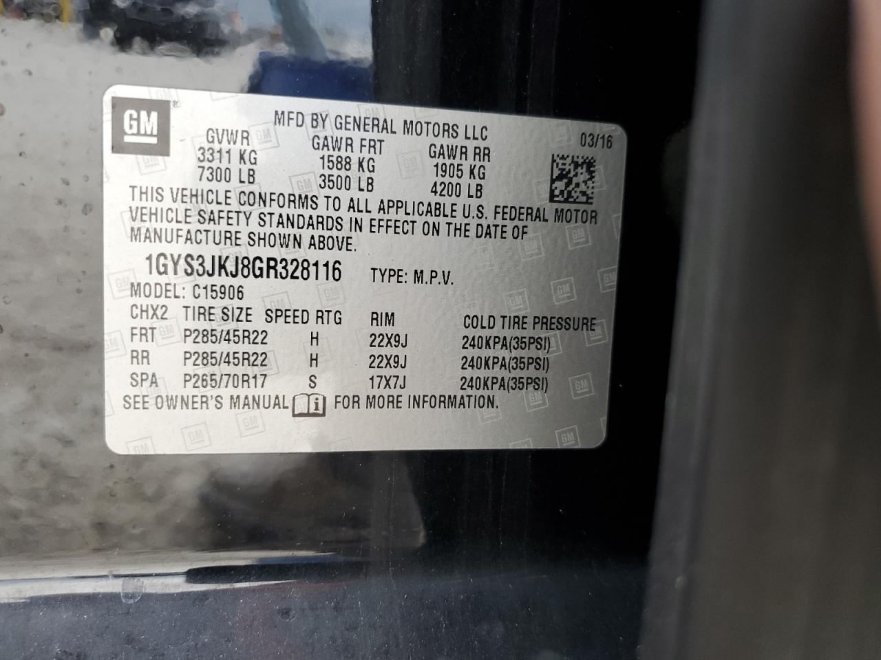 2016 Cadillac Escalade VIN 1GYS3JKJ8GR328116 Copart auction photo, water/flood damage thumbnail 14