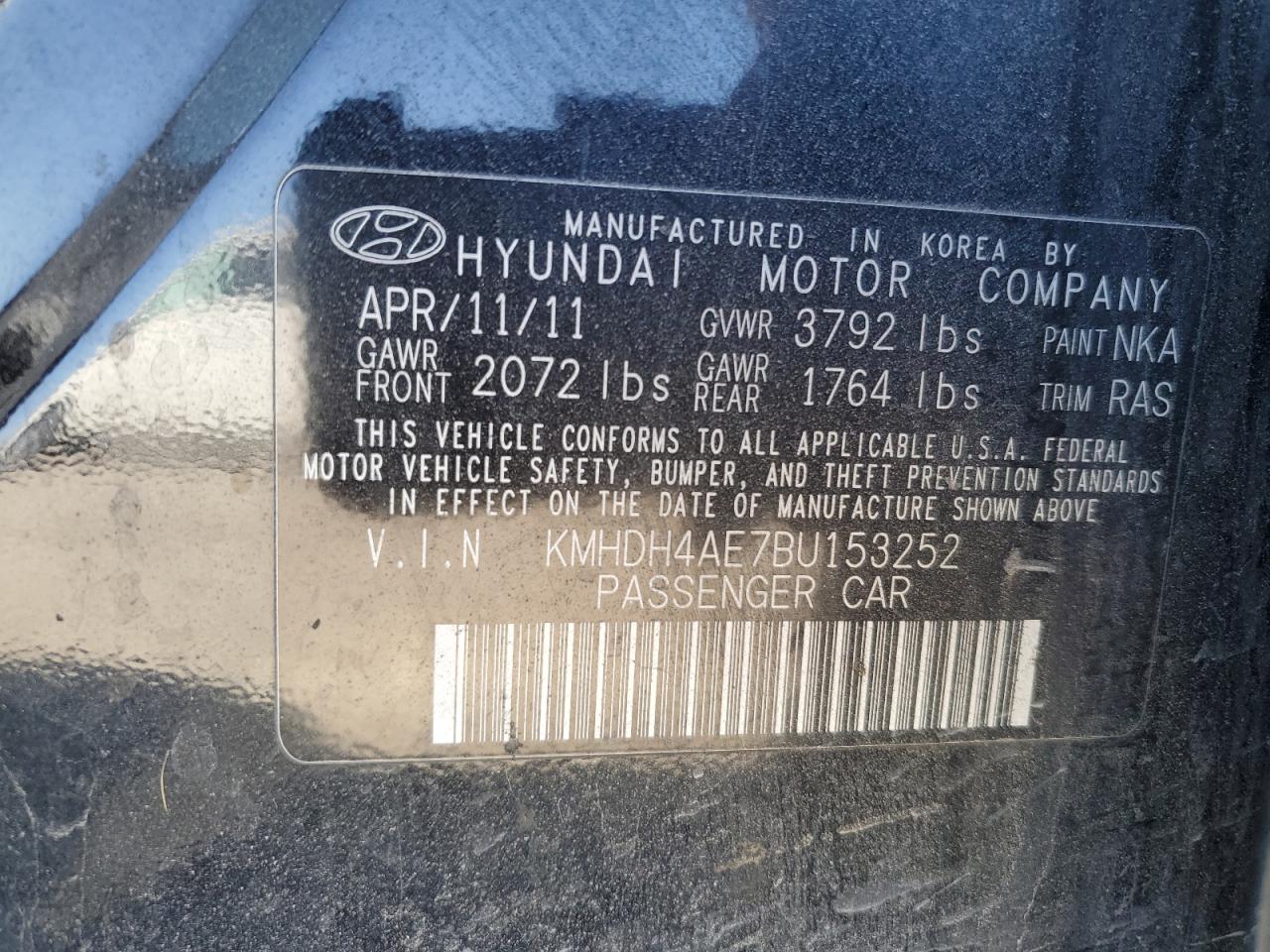 2011 Hyundai Elantra VIN KMHDH4AE7BU153252 Copart auction photo, undercarriage damage thumbnail 12
