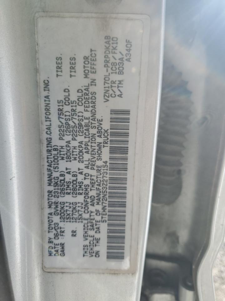 2003 Toyota Tacoma VIN 5TEHN72N53Z273154 Copart auction photo, front end / top/roof damage thumbnail 12