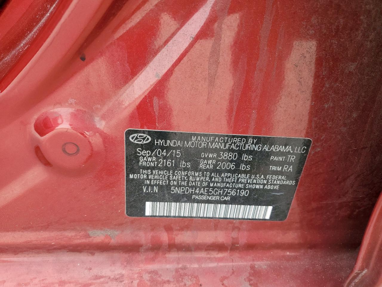 2016 Hyundai Elantra VIN 5NPDH4AE5GH756190 Copart auction photo, front end damage thumbnail 12