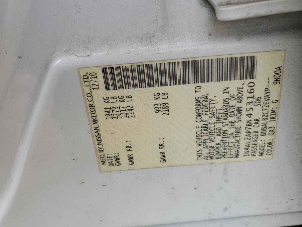 2011 Nissan Altima VIN 1N4AL2AP7BN453160 Copart auction photo, front end damage thumbnail 13