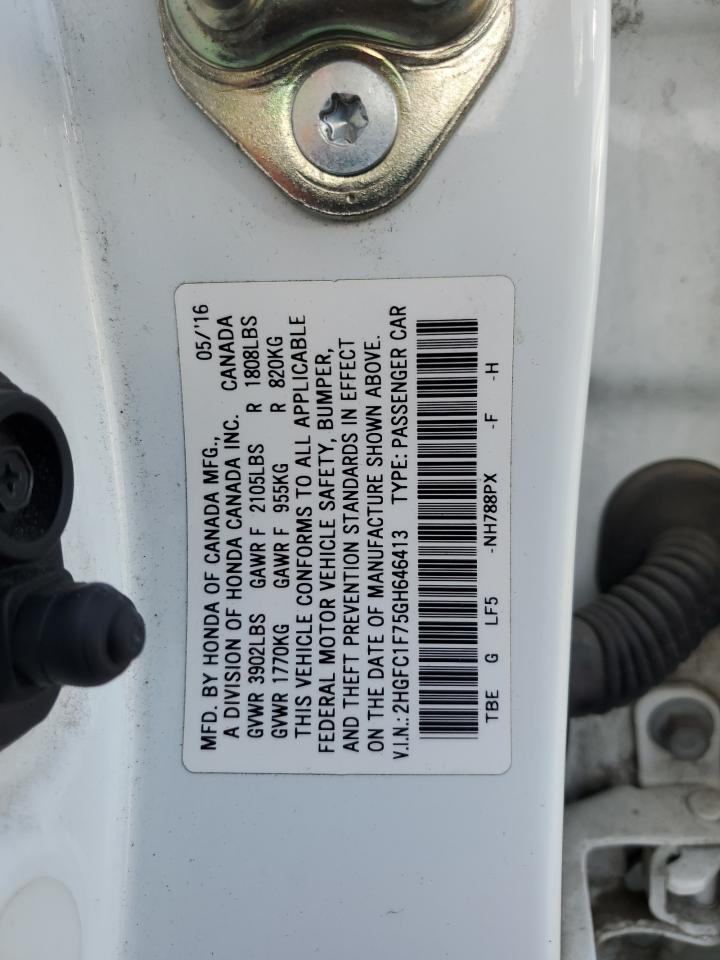 2016 Honda Civic VIN 2HGFC1F75GH646413 Copart auction photo, side / rear end damage thumbnail 12