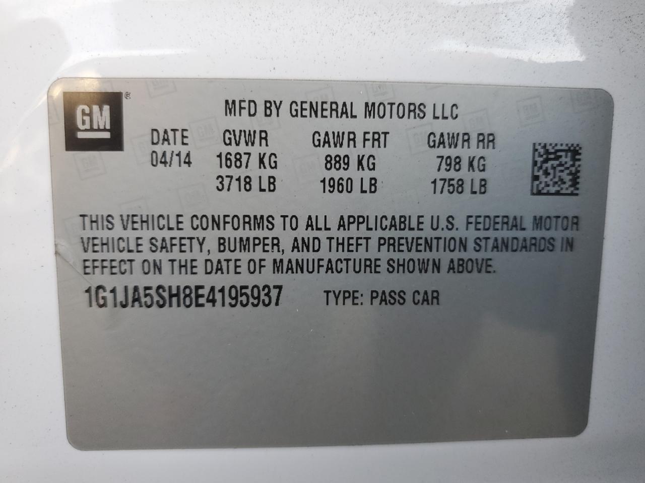 2014 Chevrolet Sonic VIN 1G1JA5SH8E4195937 Copart auction photo, front end damage thumbnail 12