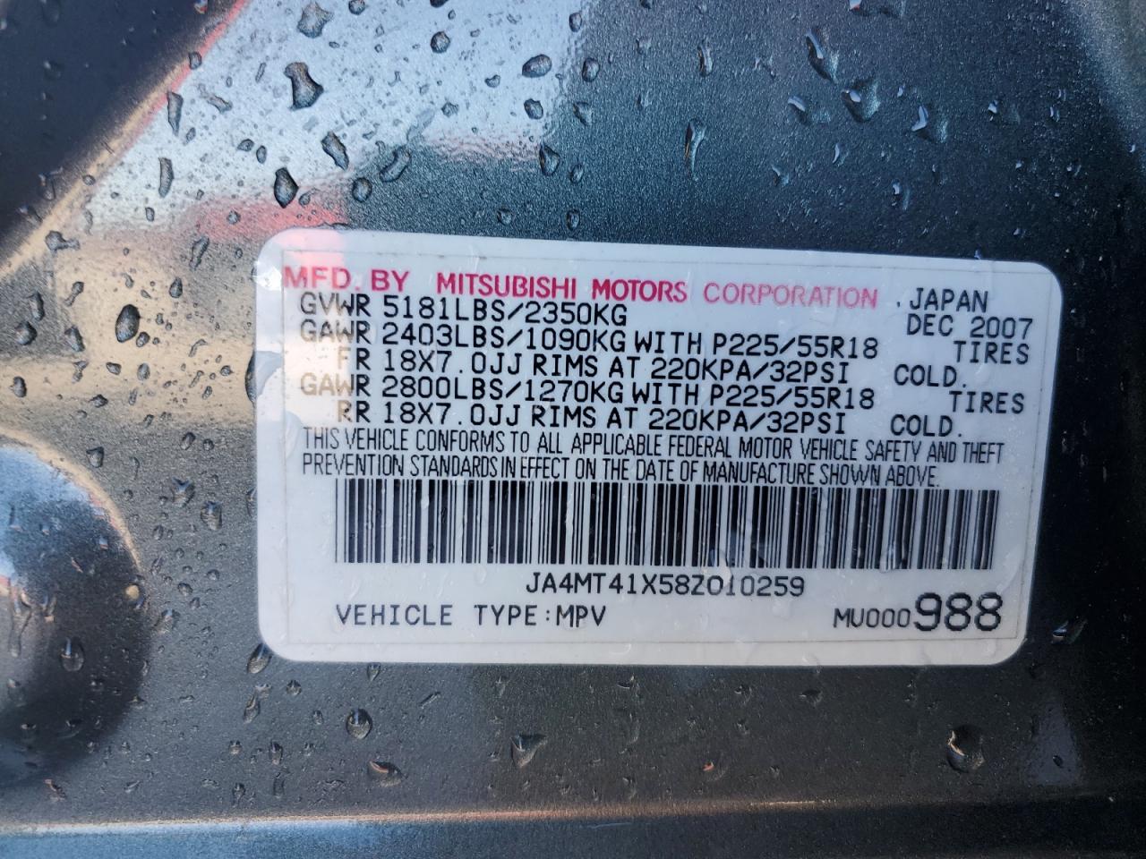2008 Mitsubishi Outlander VIN JA4MT41X58Z010259 Copart auction photo, front end / side damage thumbnail 14