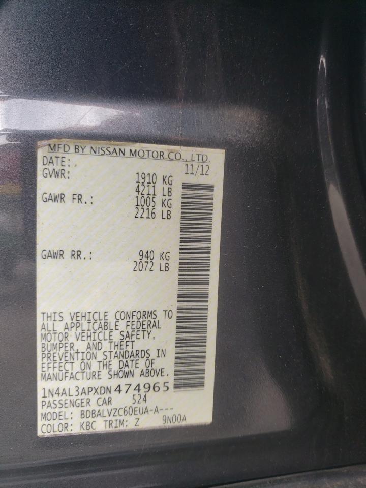 2013 Nissan Altima VIN 1N4AL3APXDN474965 Copart auction photo, rear end / side damage thumbnail 14