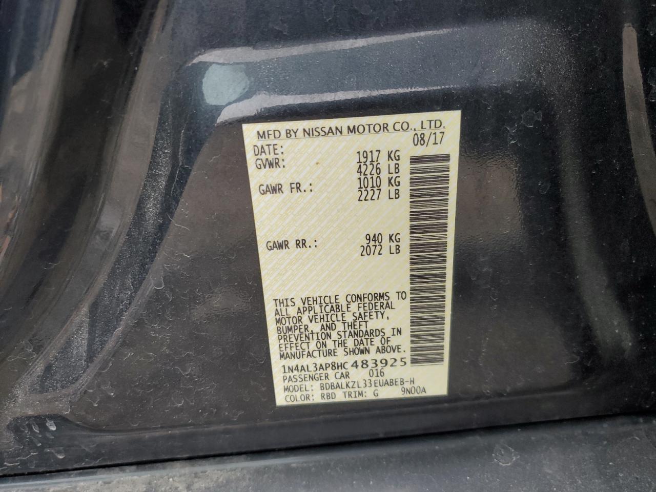 2017 Nissan Altima VIN 1N4AL3AP8HC483925 Copart auction photo, side / minor dent/scratches damage thumbnail 12