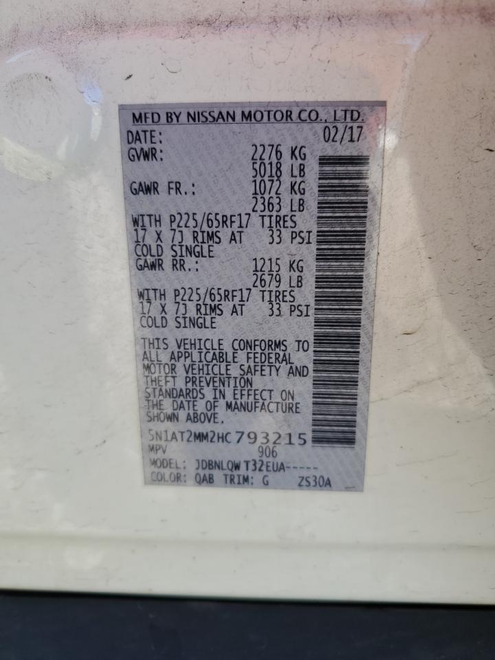 2017 Nissan Rogue VIN 5N1AT2MM2HC793215 Copart auction photo, front end damage thumbnail 14