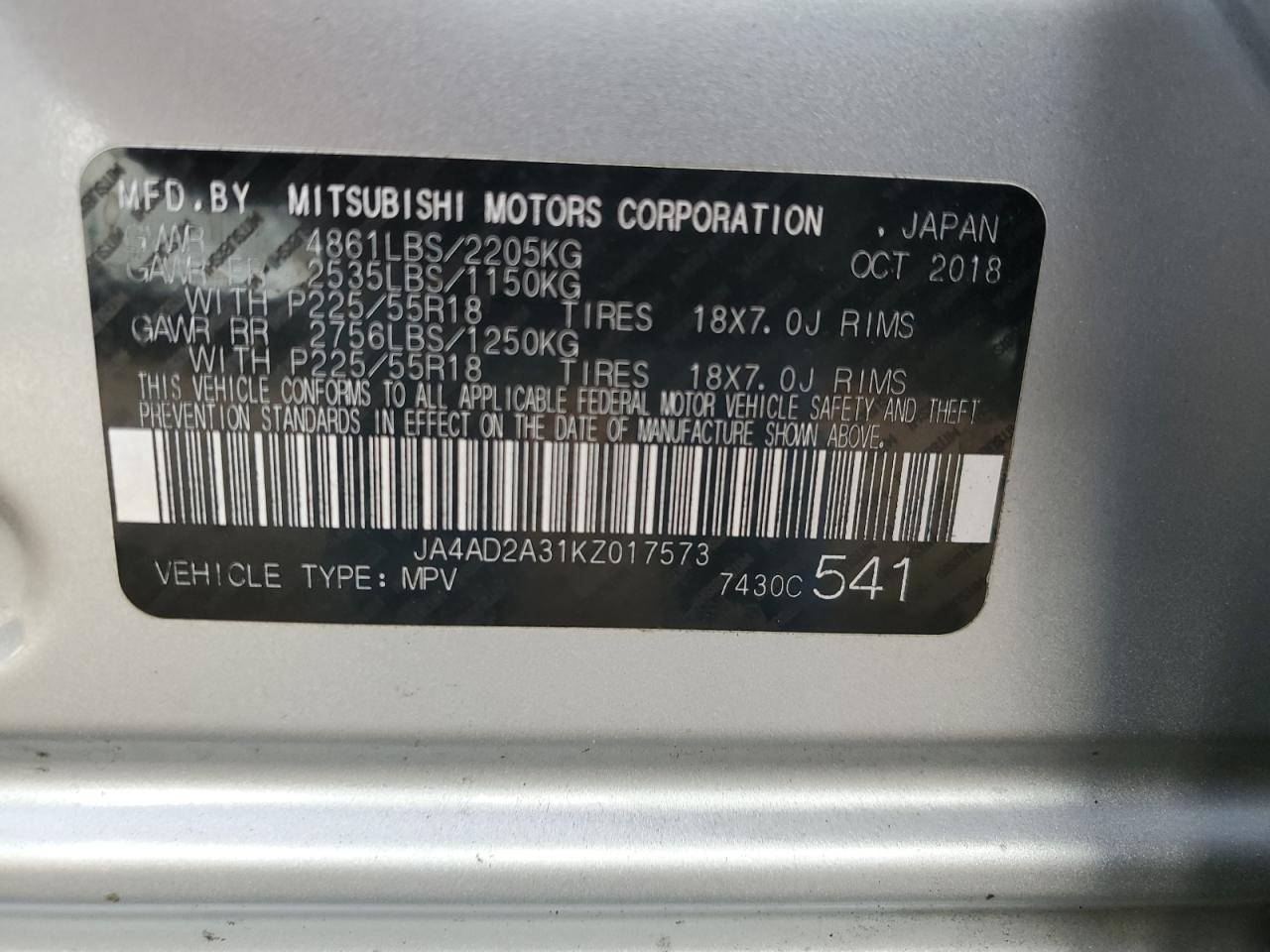 2019 Mitsubishi Outlander VIN JA4AD2A31KZ017573 Copart auction photo, all over damage thumbnail 13