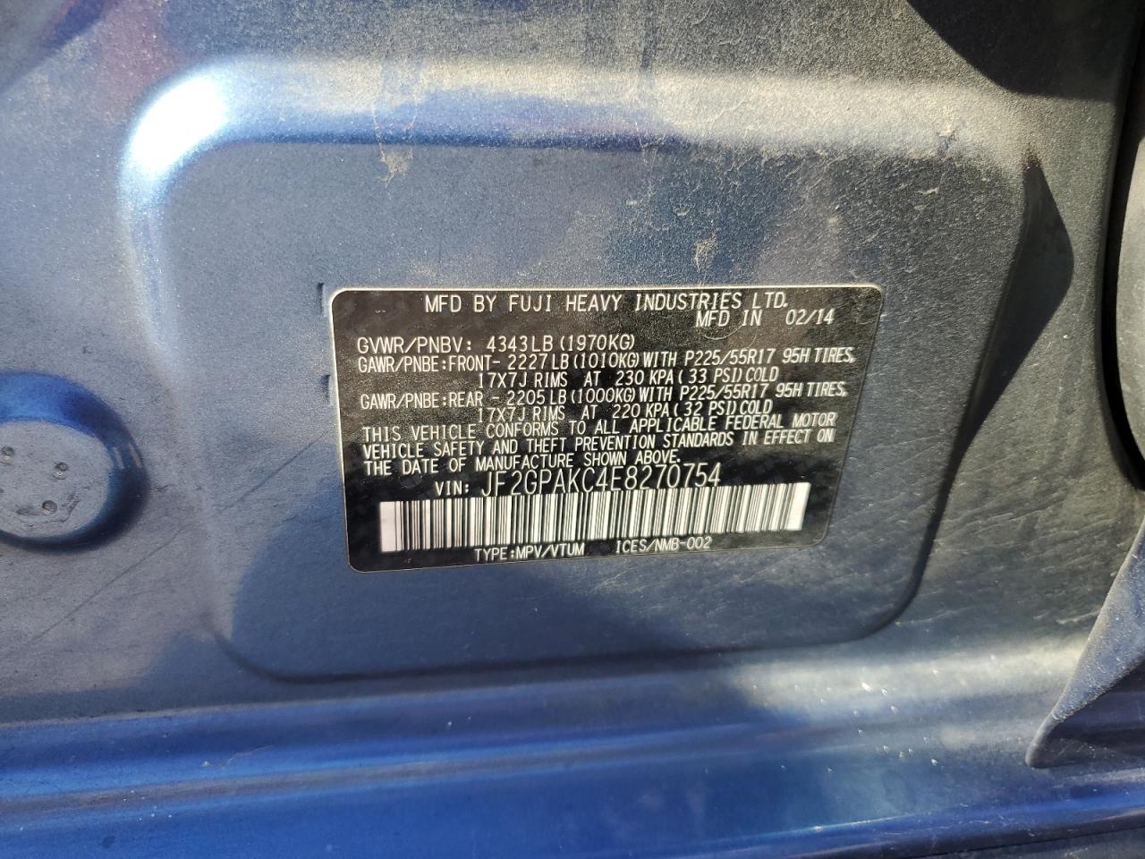 2014 Subaru XV VIN JF2GPAKC4E8270754 Copart auction photo, front end damage thumbnail 13