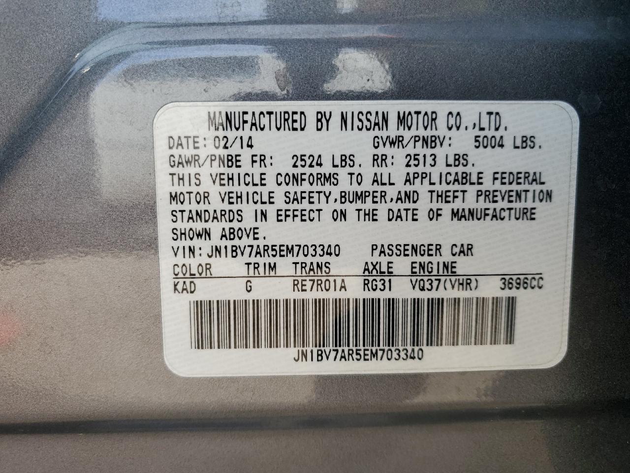 2014 Infiniti Q50 VIN JN1BV7AR5EM703340 Copart auction photo, front end damage thumbnail 12