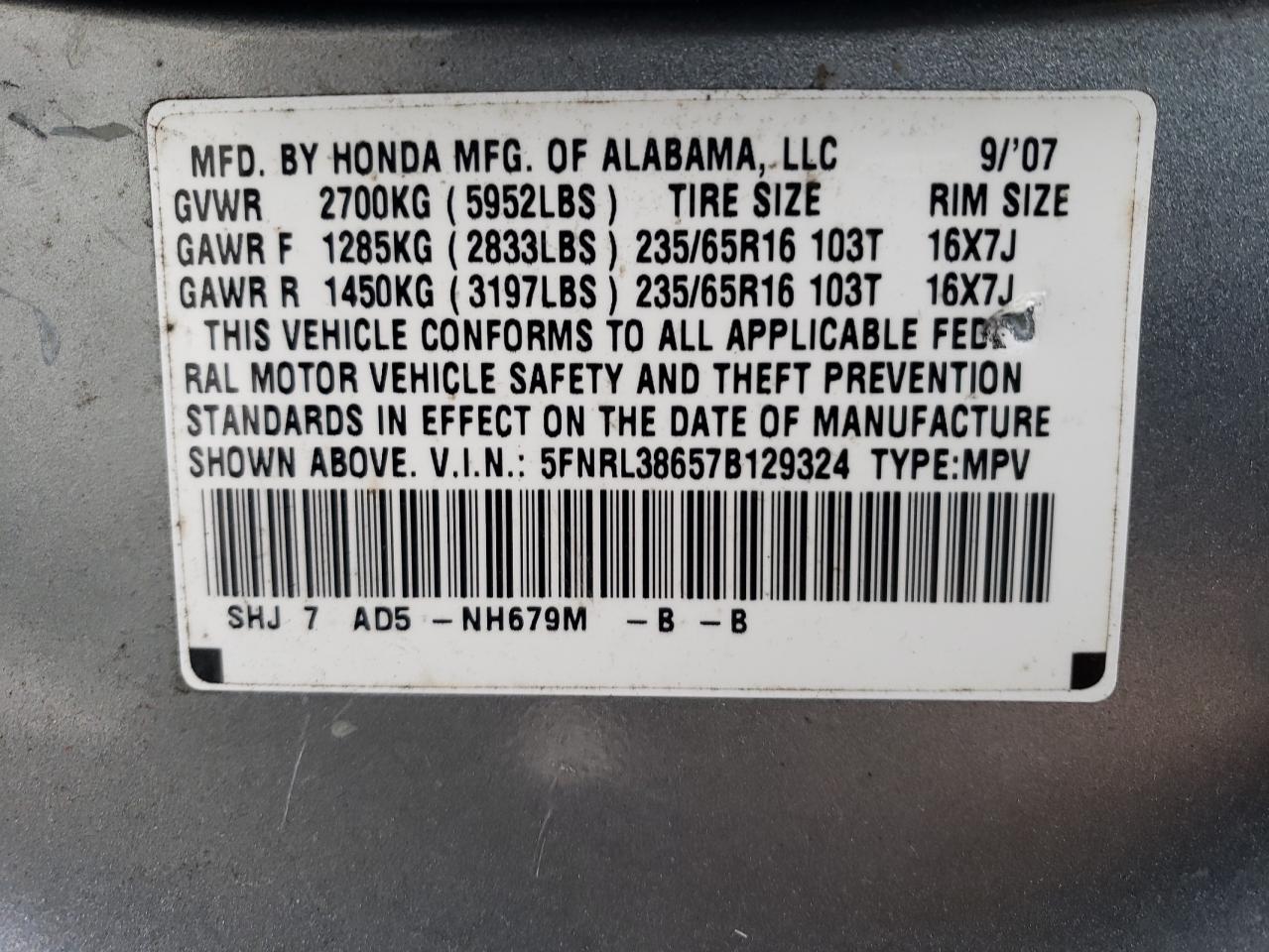 2007 Honda Odyssey VIN 5FNRL38657B129324 Copart auction photo, front end / rear end damage thumbnail 13