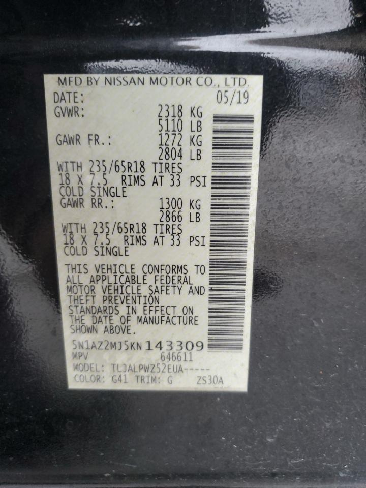 2019 Nissan Murano VIN 5N1AZ2MJ5KN143309 Copart auction photo, all over damage thumbnail 14