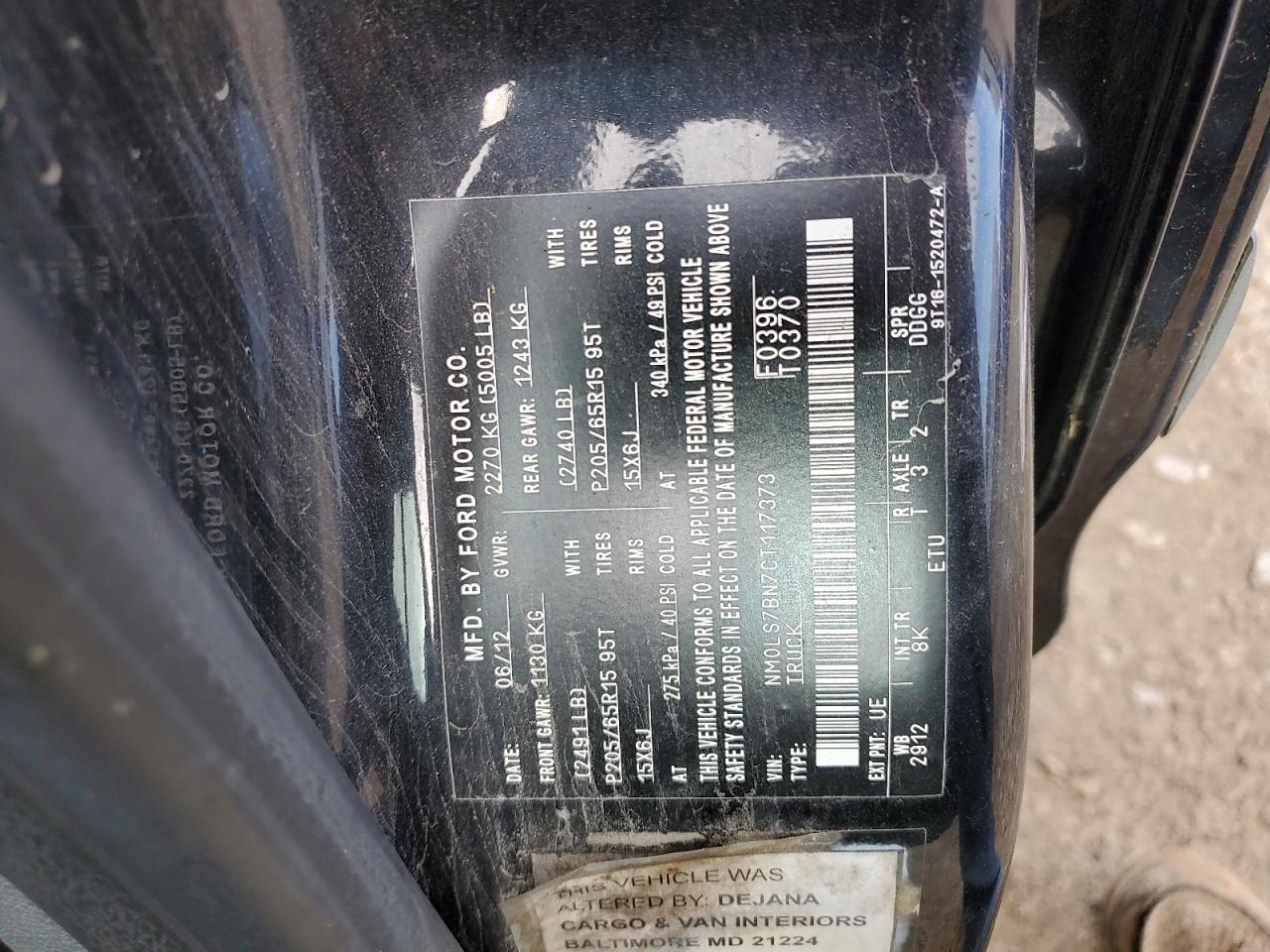 2012 Ford Transit VIN NM0LS7BN7CT117373 Copart auction photo, rear end damage thumbnail 12