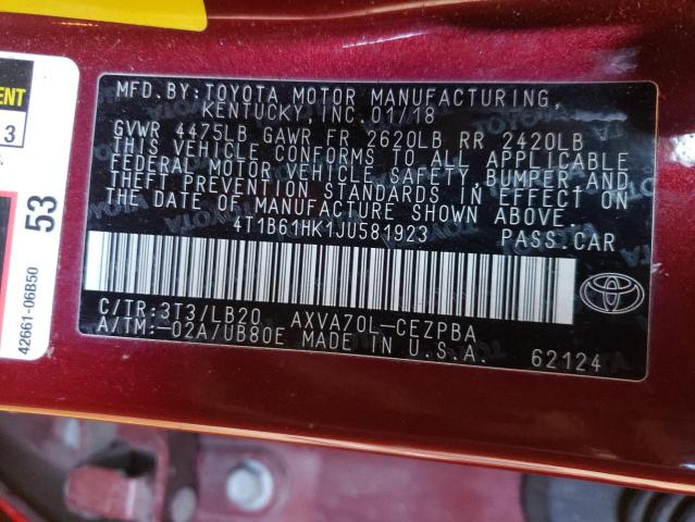 2018 Toyota Camry VIN 4T1B61HK1JU581923 Copart auction photo, front end damage thumbnail 12