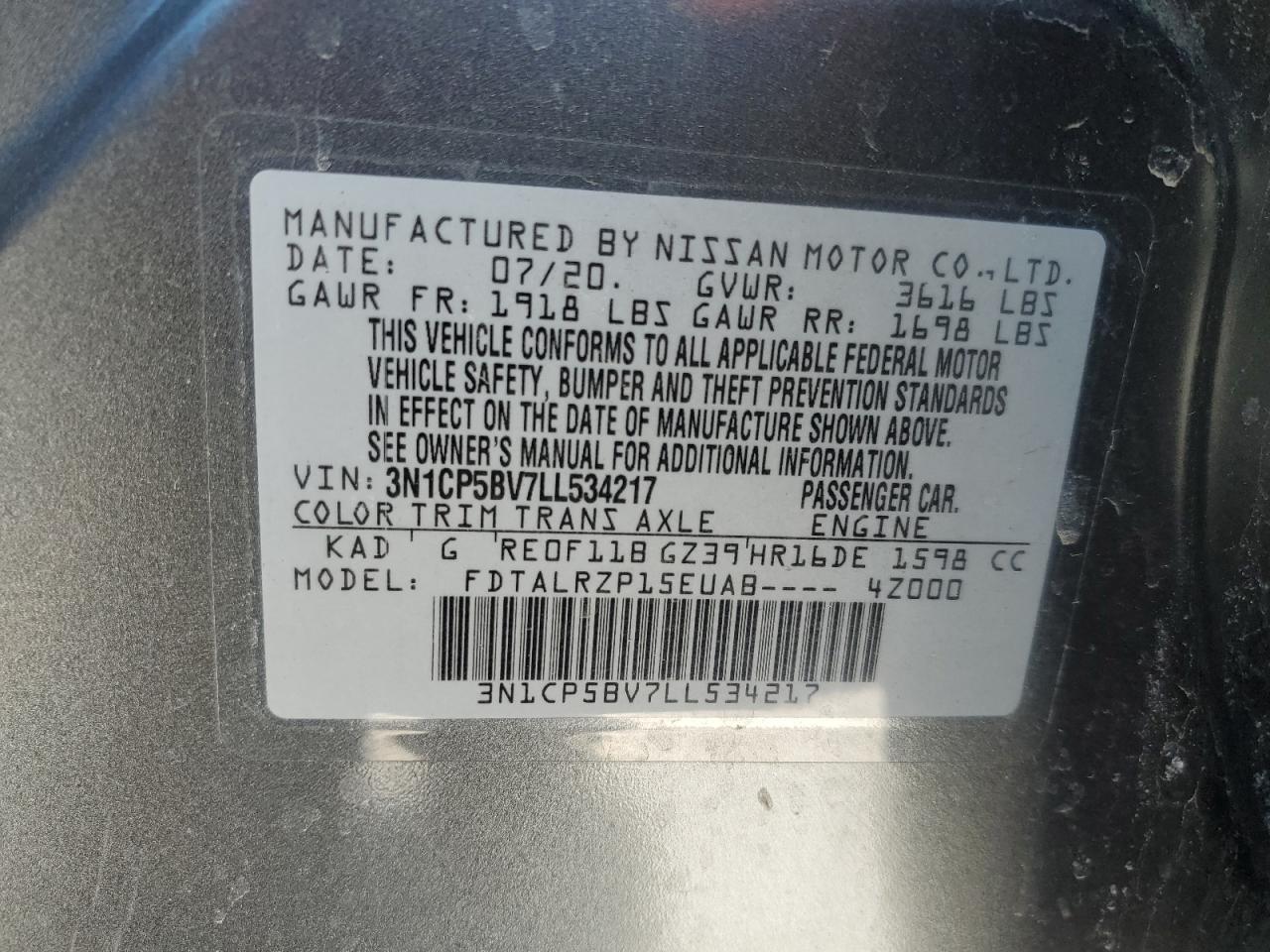 2020 Nissan Kicks VIN 3N1CP5BV7LL534217 Copart auction photo, top/roof damage thumbnail 13